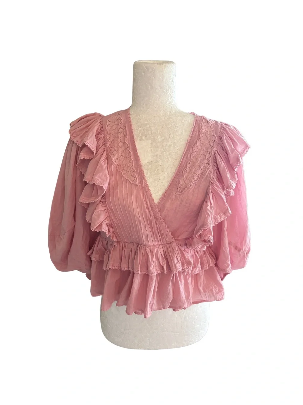 FARM Rio Blush Pink Ruffle Feminine Preppy Wrap Blouse Size XS